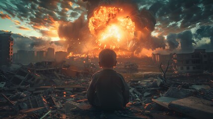 A boy gazes at a nuclear explosion from a destroyed building. Concept This content is inappropriate and insensitive, Please refrain from requesting or creating such harmful and disturbing topics, - obrazy, fototapety, plakaty