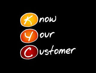 KYC Know Your Customer - guidelines in financial services to verify the identity, suitability, and risks, acronym text concept background