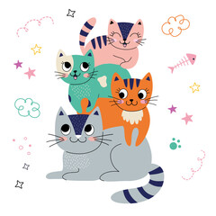 Cute card with family cats. Best family always together. Vector illustration.
