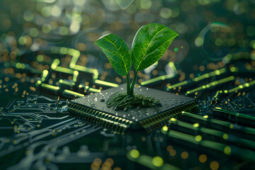 a green plant sprouting out of a computer board, electronic circuit board, recycle technology concepts, generative ai
