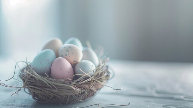 a small, rustic basket filled with pastel-colored eggs, perfect for overlaying text and conveying a sense of serenity and renewal.