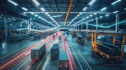 logistics and supply chain management, showcasing bustling warehouses, efficient transportation networks, and diligent workers ensuring seamless operations.