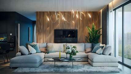 Minimalist interior design of modern living room. Created with generative AI - obrazy, fototapety, plakaty