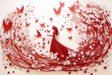 Stunning woman in a captivating red dress adorned with delicate butterflies and shimmering stars on a pure white background, symbolizing grace and elegance in a mesmerizing fashion concept.