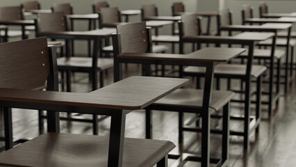 A 3D-rendered close-up view of wooden desks and chairs arranged in orderly rows in an empty classroom, with a focus on the textures and patterns of the furniture.