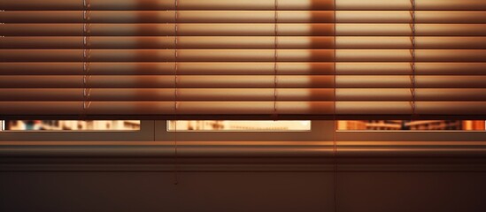 A detailed view of a closed window with blinds shut, creating a blocked view of the outside. The focus is on the pattern of the blinds against the windowpane.