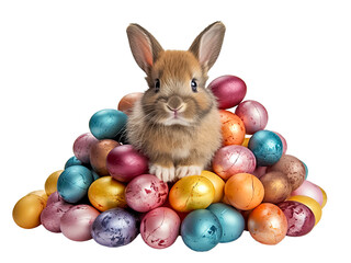 Niedlicher kleiner Hase, Osterhase mit bunten Eiern, freigestellt vor transparentem Hintergrund, Generative AI