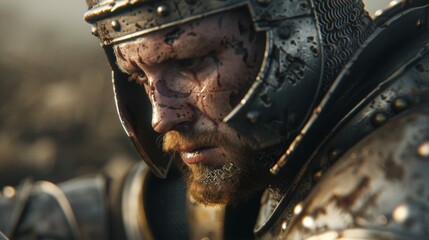 A battlescarred soldier looks off into the distance his armor dented and his face betraying exhaustion. Yet his grip on his sword remains strong. - obrazy, fototapety, plakaty