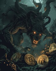 A fierce demon with glowing eyes hoarding Bitcoins in a dark ethereal realm