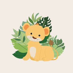 Vector illustration safari animal and tropical leaves, for kids card, posters on light background.