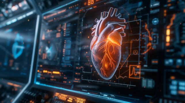 Interactive cardiology illustration depicting a beating human heart with viewable layers including muscle electrical system