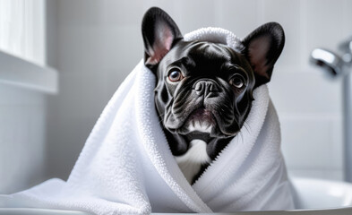 A French bulldog wrapped in a terry towel in the bathroom after bathing. Spa, dog hair salon, grooming. A dog taking a shower.