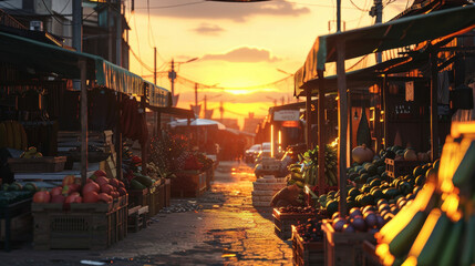 Against the backdrop of a breathtaking sunset rows of bustling market stalls offer a wide variety of goods from fresh produce and meats to handmade artisanal goods.