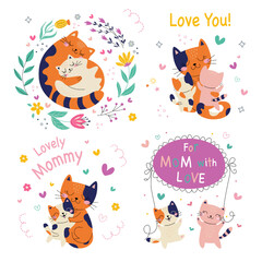 Naklejka premium Cute card with family cats. Set Always together. Vector illustration. white background