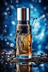 Elegant Perfume Bottle with Water Splash on Black Reflective Surface, Luxury Fragrance Concept for Beauty and Fashion Industry, High Quality Image Suitable for Advertisement and Promotion Materials.