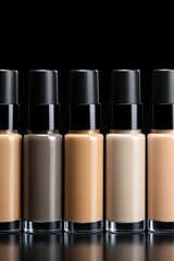 Liquid foundation bottles in a variety of skin tones displayed on a dark black background for cosmetics product photography, illustrating inclusivity and diversity in the makeup industry.