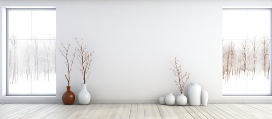 A white Scandinavian room with three vases placed on the wooden floor. The room is minimalist, featuring a large wall and a window overlooking a white landscape.