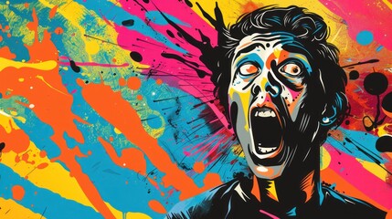 Pop art color paint splash style dramatic shocked man facial expression AI generated image