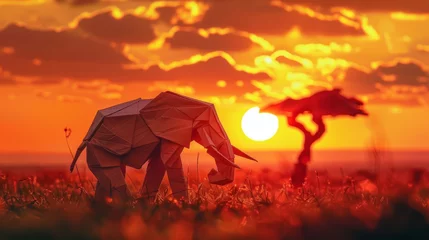 Papier Peint photo Orange A majestic paper origami elephant standing tall on a sunset savanna landscape