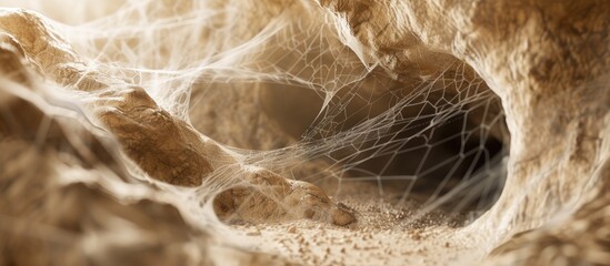 A cave with a hole in the middle, revealing the sandy animal burrow inside. Spider webs can be seen on the sides of the cave entrance. - obrazy, fototapety, plakaty