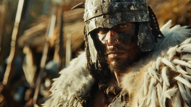 A lancer in full battle gear adorned with fur and metal plates portraying the fierce and fearsome nature of his people.