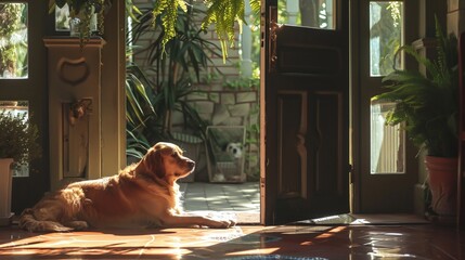 A dog standing on the threshold of a house - obrazy, fototapety, plakaty