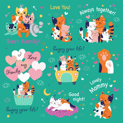 Big set. Cute card with family cats. Love family. Vector illustration. green background