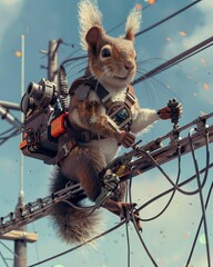 A robot squirrel equipped with a toolbox climbs power lines like a skilled electrician safeguarding the citys energy flow