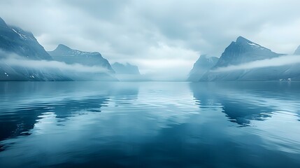 Foggy ocean with mountain reflection ideal for virtual backgrounds and presentations. Concept Foggy Ocean, Mountain Reflection, Virtual Backgrounds, Presentations