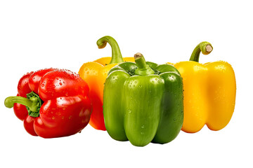 Frischer Paprikamix, gelbe, gr&uuml;ne und rote Paprika Schoten, freigestellt vor transparentem Hintergrund, Generative AI