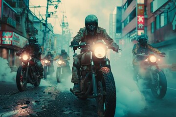 A zombie apocalypse in the style of Bosozoku culture with gangs riding steam powered motorcycles through deserted cities searching for Jamon Iberico
