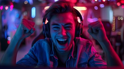 A young man in headphones celebrates victory while gaming on his computer. Concept Gaming, Victory, Technology, Headphones, Celebration
