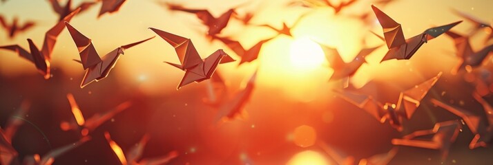 An array of origami birds in flight against a sunset showcasing intricate folding techniques - obrazy, fototapety, plakaty