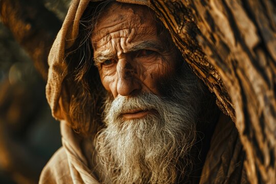 An aged Jesus Christ his face etched with wisdom sharing parables beside an ancient olive tree