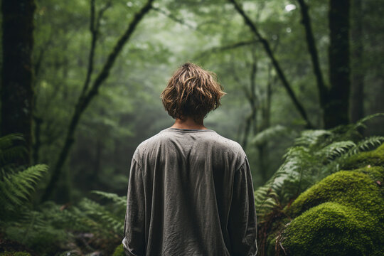 Generated with AI technology image of a young nice man traveler walking in green forest