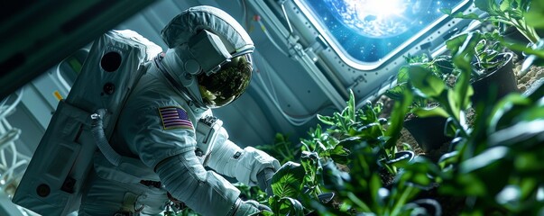 An astronaut in zero g tending to space agriculture Earth shining brightly through the window - obrazy, fototapety, plakaty