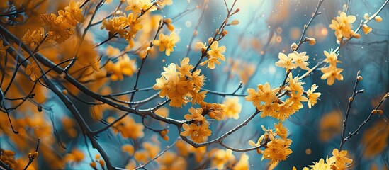 A close-up view of a cluster of vibrant yellow flowers blooming on a bushy forsythia tree. The image captures the beauty of springtime in a garden, showcasing the colorful display of natures flora.