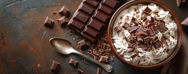 A bowl of chocolate pudding with whipped cream and chocolate shavings. A spoon and a napkin on a...