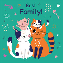Cute card with family cats. Best family. Vector illustration. green background