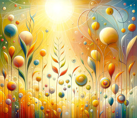 
A radiant abstract painting of a whimsical garden with tall, slender plants and oversized, colorful orbs representing flowers basking under a bright sun, AI generated.