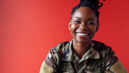 Happy black woman 45 years old military veteran wearing camouflage uniform laughs in front of red background.