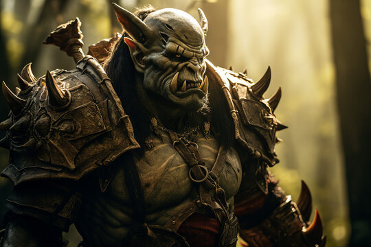 Ai generated highly detailed picture of orc warrior horrible game personage in a mystical forest