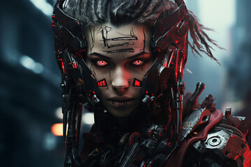 A fictitious image of woman in cyberpunk attire futuristic high tech generative AI