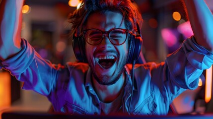 A young man triumphantly gaming in headphones on his computer. Concept Gaming Enthusiast, Young Man, Computer, Headphones, Triumphantly