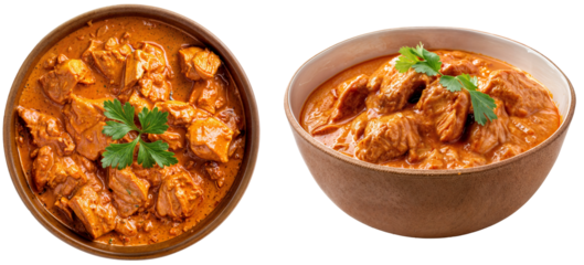 Indian chicken Tikka Masala bundle, side and top view, isolated on a transparent background
