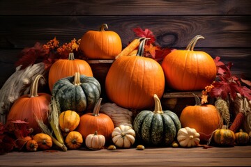 Assorted pumpkins and gourds with autumn leaves on a rustic wooden backdrop, seasonal fall harvest decoration.