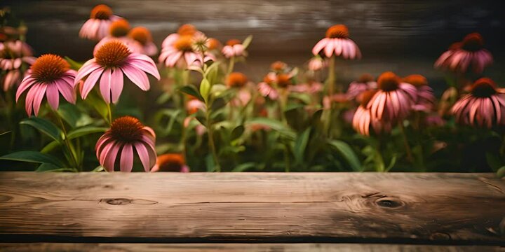 Empty rustic old wooden boards table copy space with Echinacea or coneflower plants in background. Product display template. 4K Video