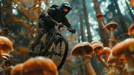 Foto op Plexiglas Base jumping bicycle enthusiasts capture their adrenaline filled leaps with steampunk accessories against a backdrop of glowing mushrooms © Shutter2U