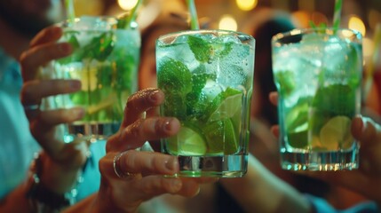 close up view of group of friends cheering on mojito drinks at restaurant bar.