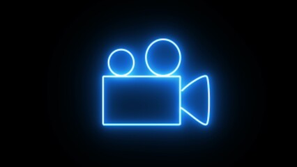 Sky blue neon light video camera icon. Isolated video camera icon vector design. video camera symbol, movie sign on black background. Neon glowing camera sign.
